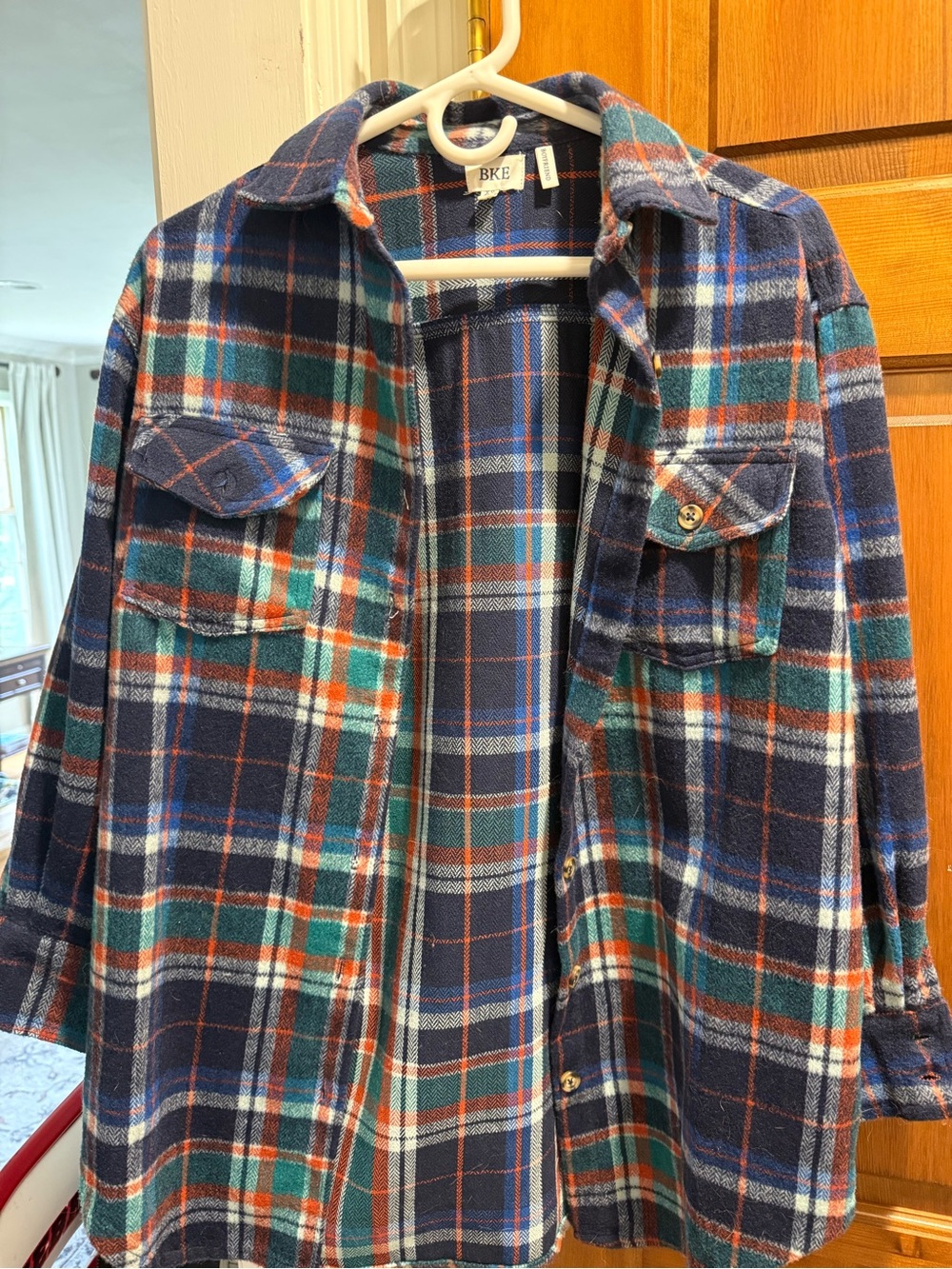 BKE Plaid Button-Front Utility Jacket in Navy, Green & Orange